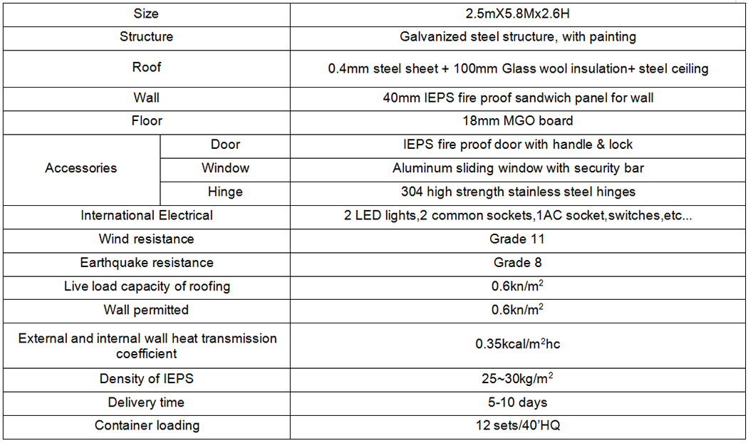 especificación de la casa contenedor plegable